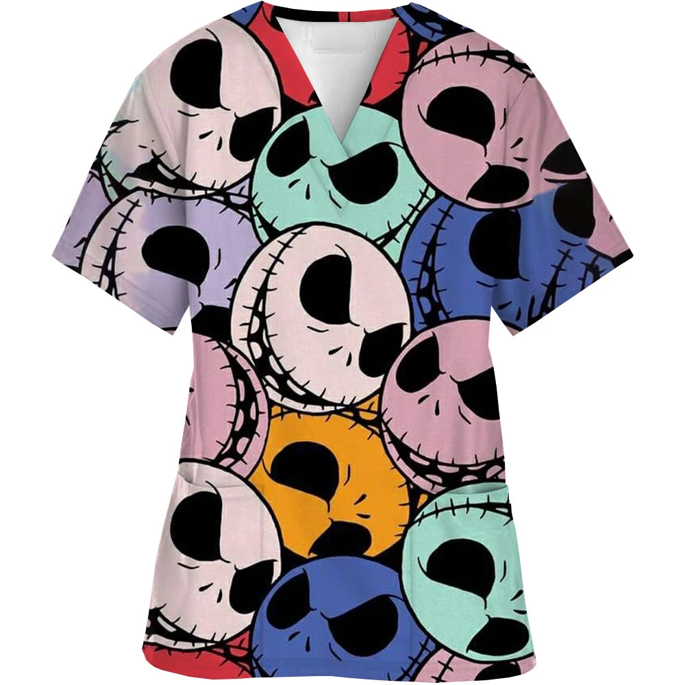 Christmas Nightmare V-neck Work Clothes Halloween Surgery plus size Nurse Medical Clothes Matte Top Women
