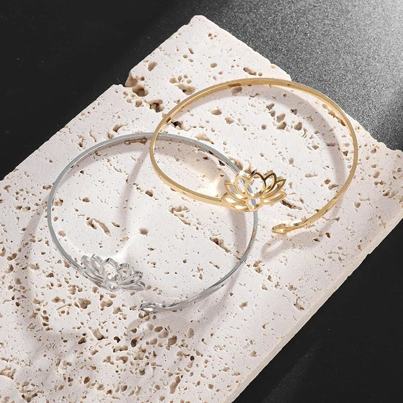 Stainless Steel Hindu Lotus Mandala Open Bracelet Women Fashion Cuff Bangle Casual Sports Yoga Jewelry