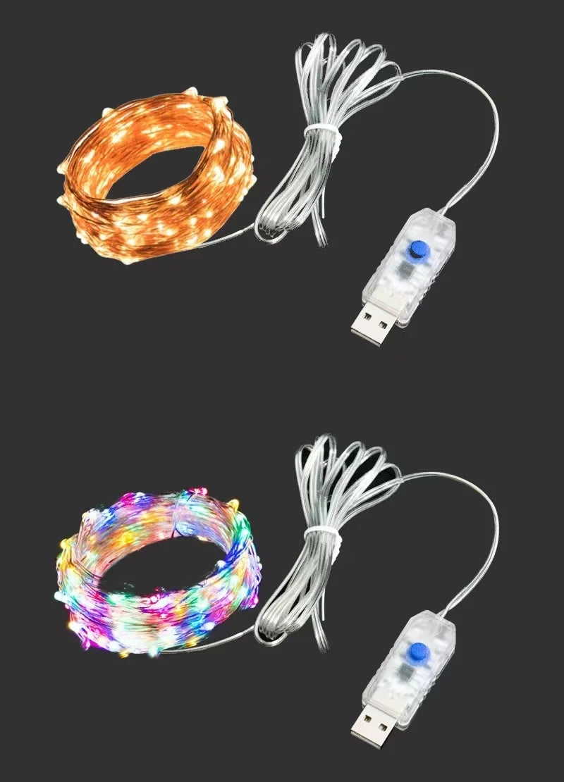 Led silver Wire Fairy Lights USB Powered LED String Lights outdoor waterproof Garland For Christmas Party Wedding DIY Decoration