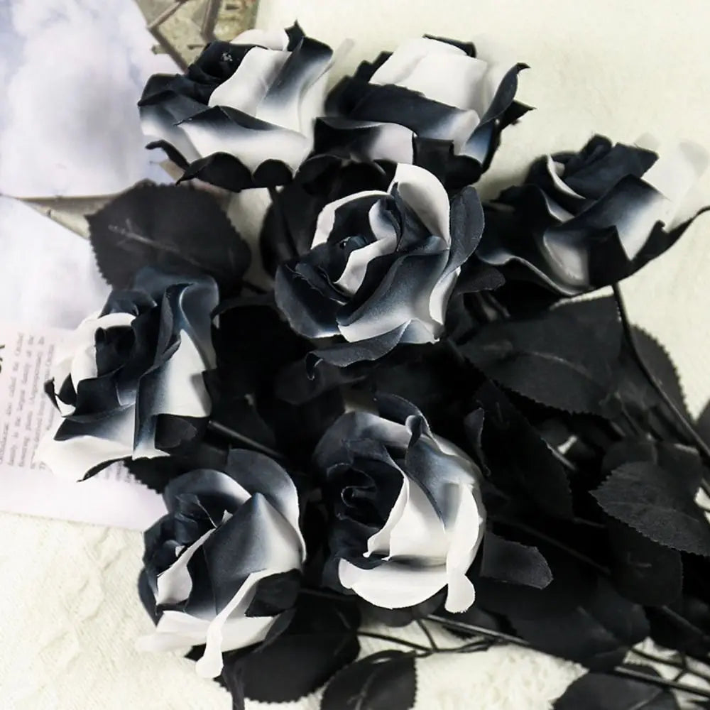 Black White Halloween Artificial Rose Flowers Soft Silk Real Touch Faux Flowers Non-Fading Gothic Simulation Flowers