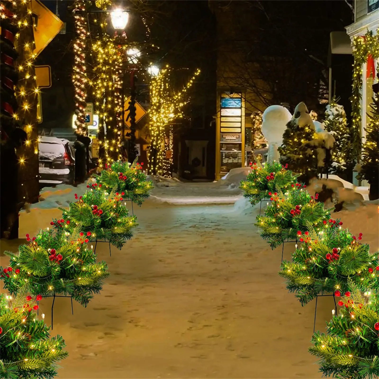 Christmas Outdoor Simulation Of The Courtyard Decorated With Glowing Needles And Red Garden Orranment Christmas Holiday Decor