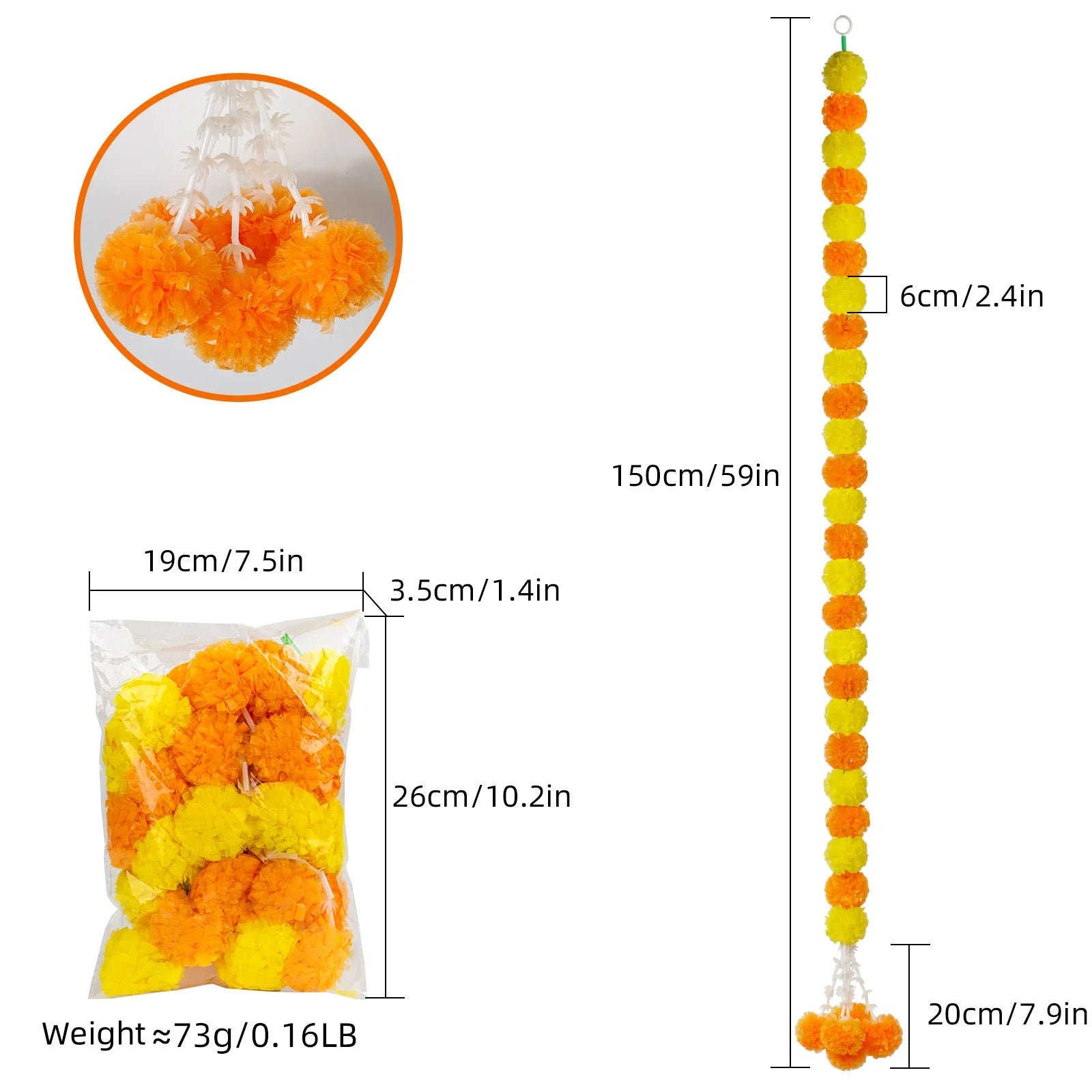 Marigold Garlands Artificial Flower for Indian Decoration Diwali Day of The Dead Halloween Party Festival Wreath Ornament