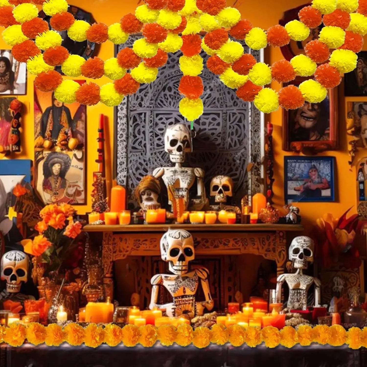 1pcs Marigold Garland for Decoration Artificial Marigold Flower Diwali Indian Wedding Mexico Dia De Los Muertos Halloween Decors