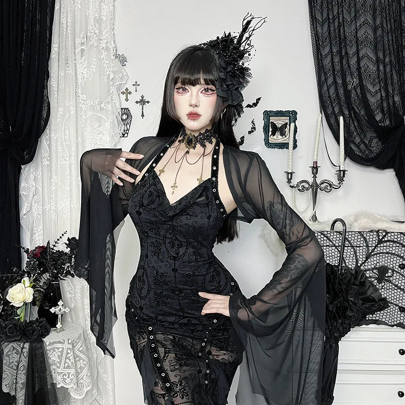 AltGoth Halloween Gothic Mesh Smock Women Vintage Streetwear Witch See Through Bat Sleeve Crop Blouse Sexy Cosplay Clothes Femme