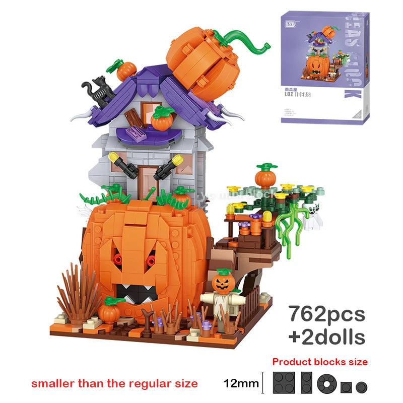 Halloween Toys Building Blocks Assembly Pumpkin House Ghost House Witch Science Monster Friend Party Decor Model Kids Gifts