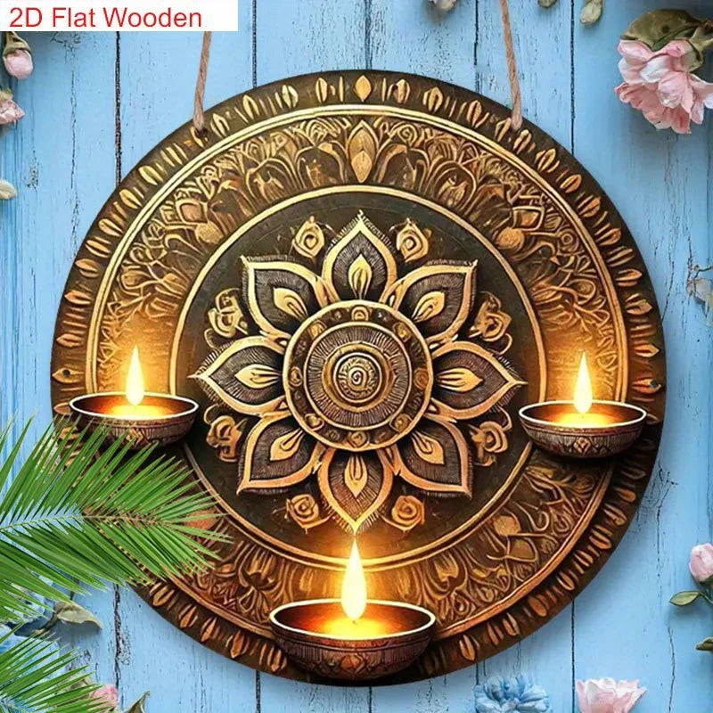 2D Flat ， Traditional Oil Lamp And Artistic Painted Design Happy Diwali Round Sign for Decorating Home