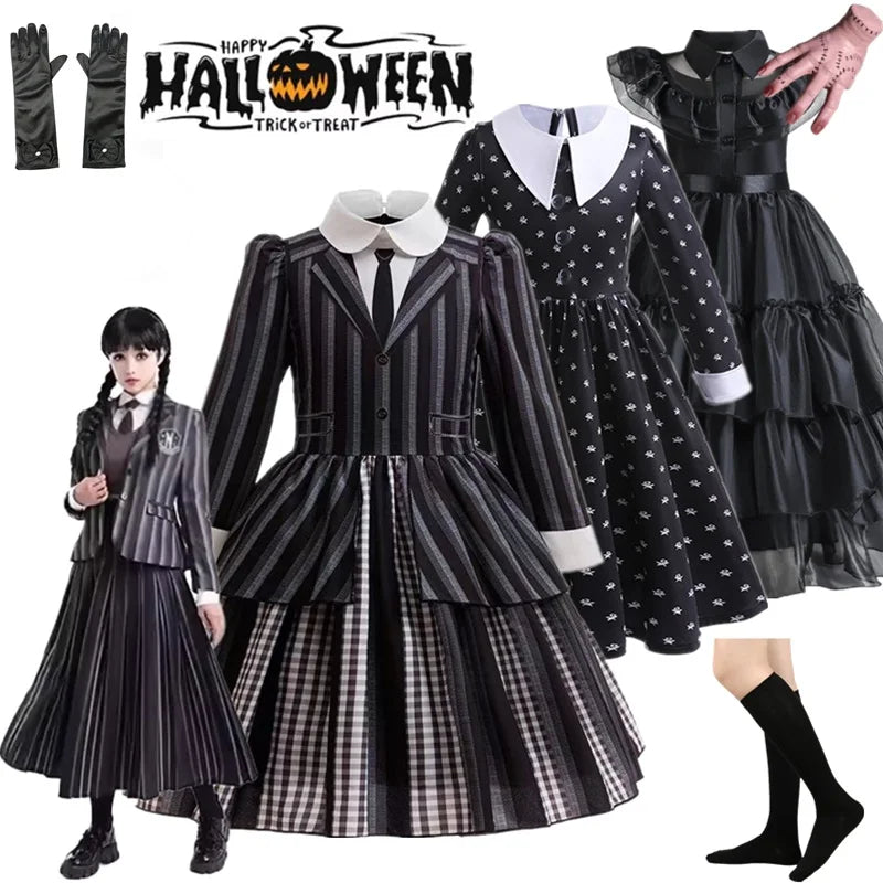 Children Wednesday Costume Girls Black Gothic Family Clothes Halloween Cosplay Costume for Kids Easter Carnival Fancy Dress Up