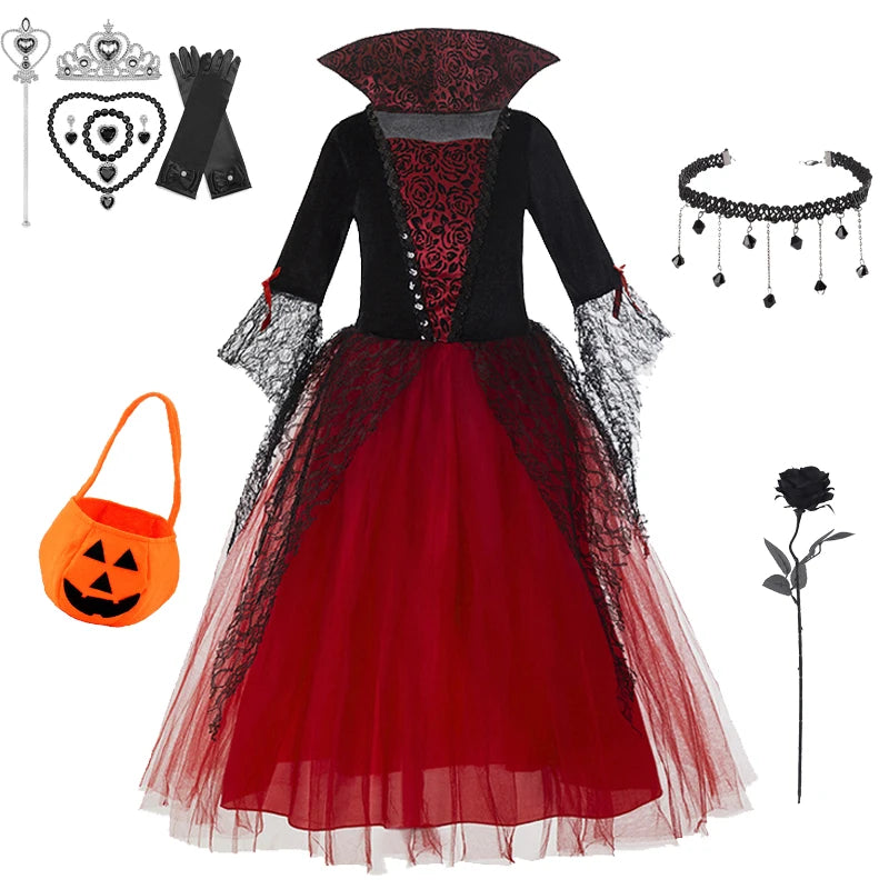 Vampire Halloween Dress for Kid Ghost Bride Gothic Witch Cosplay Costume Carnival Party Black and Red Clothes Dresses for Girls