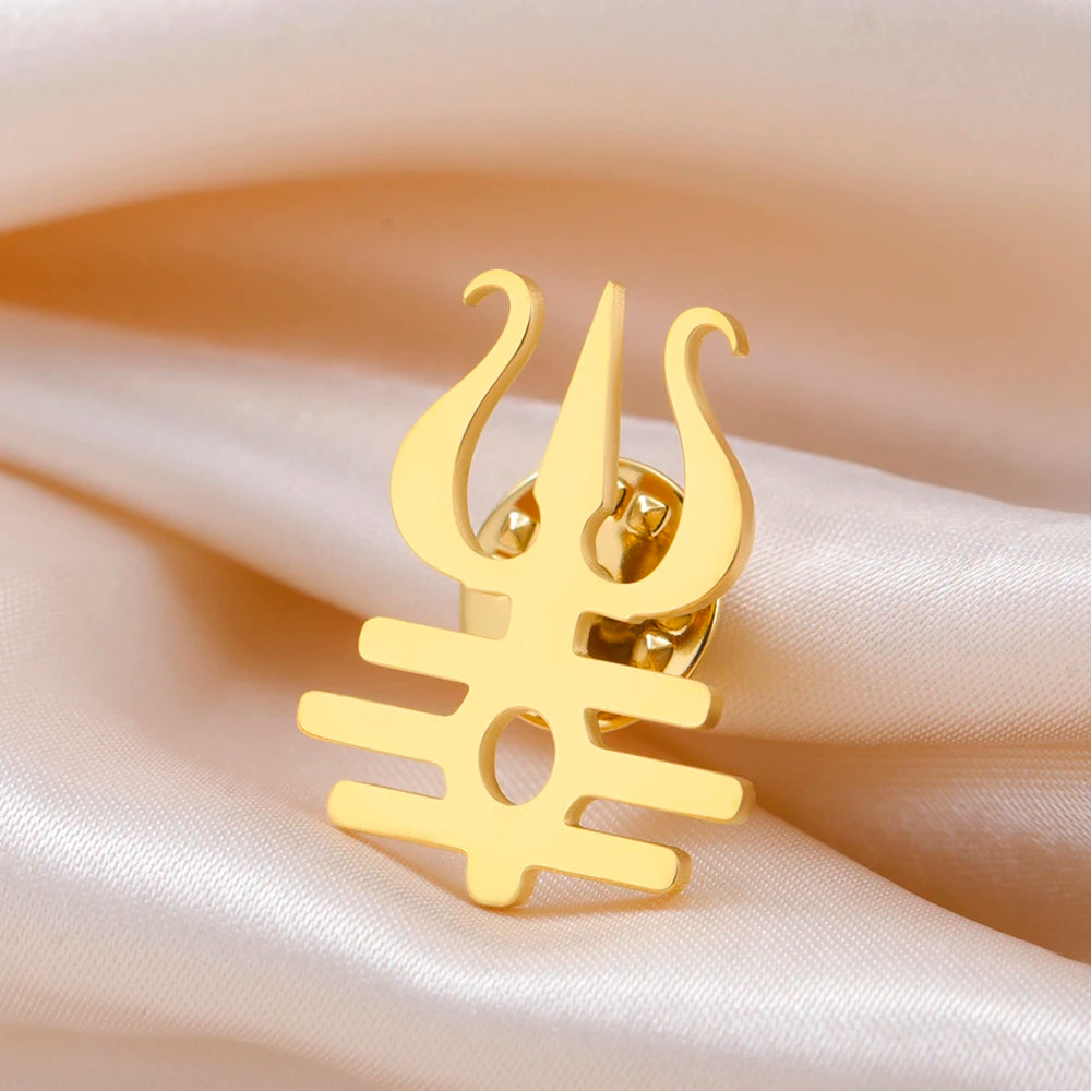 Dawapara Lord Shiva Trident Brooch Mantra Buddhism Hindu God Blessing Symbol Lapel Pins Stainless Steel Jewelry