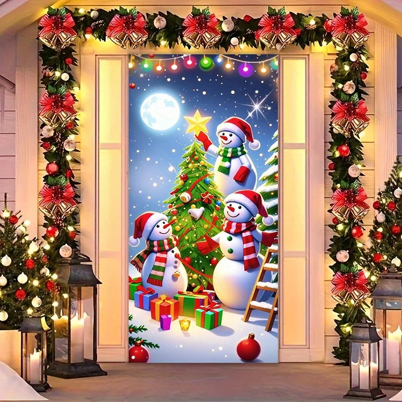 Christmas door casing, snowman decorated Christmas tree, washable to add joy, perfect holiday, entrance and outdoor party