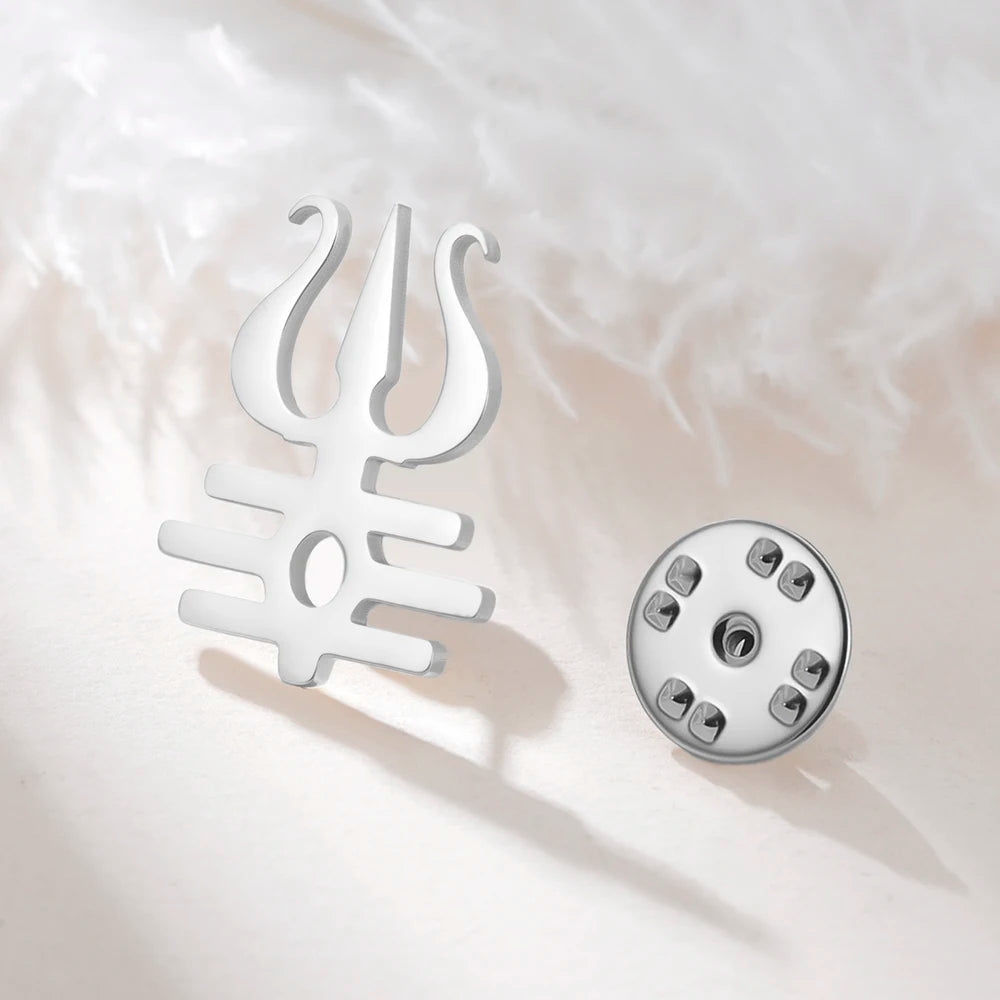 Dawapara Lord Shiva Trident Brooch Mantra Buddhism Hindu God Blessing Symbol Lapel Pins Stainless Steel Jewelry
