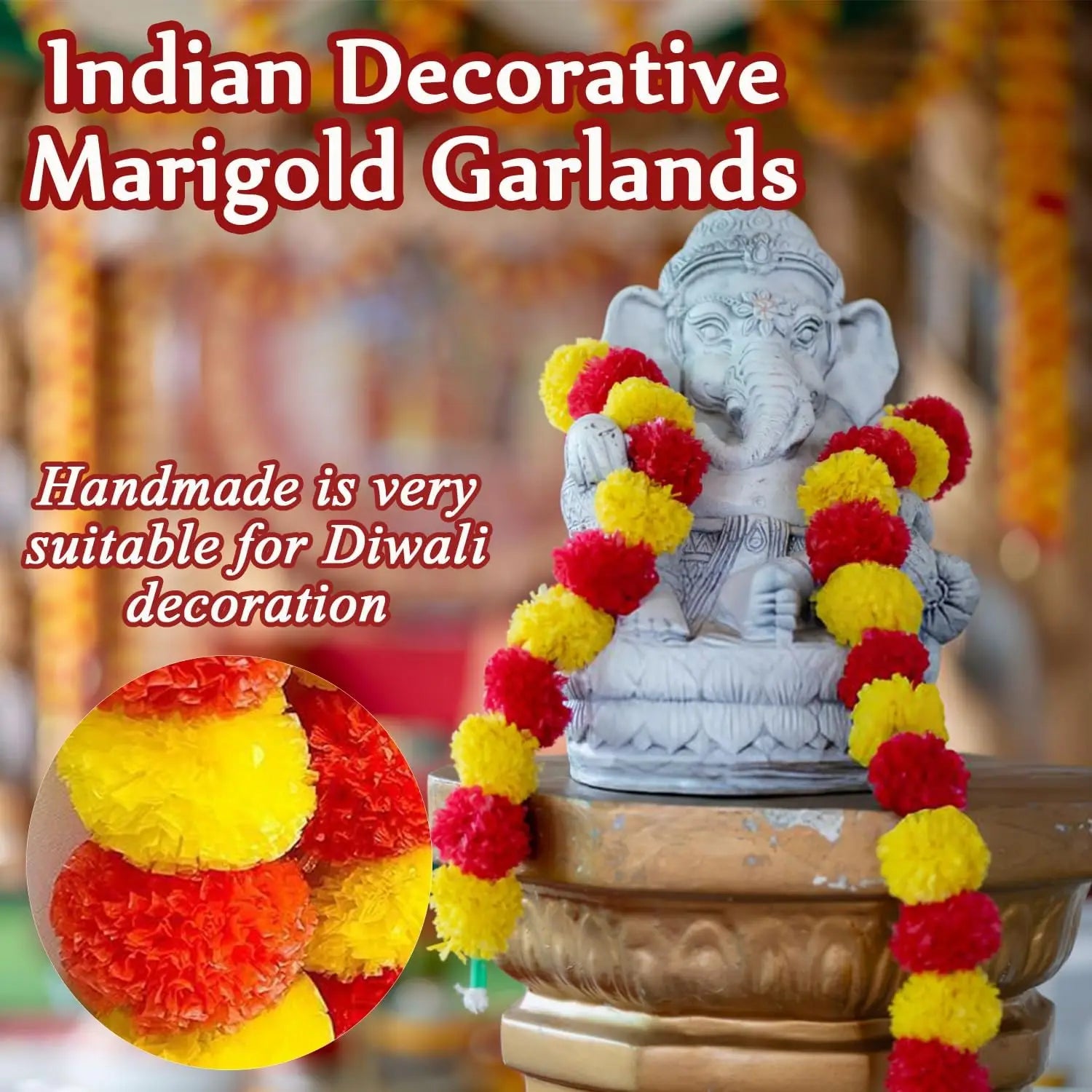 5-50pcs Marigold Flower Garlands Artificial Flower Garland for Indian Décor,Pooja, Diwali, Fiesta Day of The Dead, Mexican Party