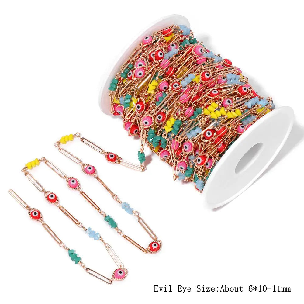 Colorful Evil Eye Beads Chains Stainless Steel Link Pearl Beaded Chains Turkey Eye Link Chain for Necklace Making Jewelry DIY