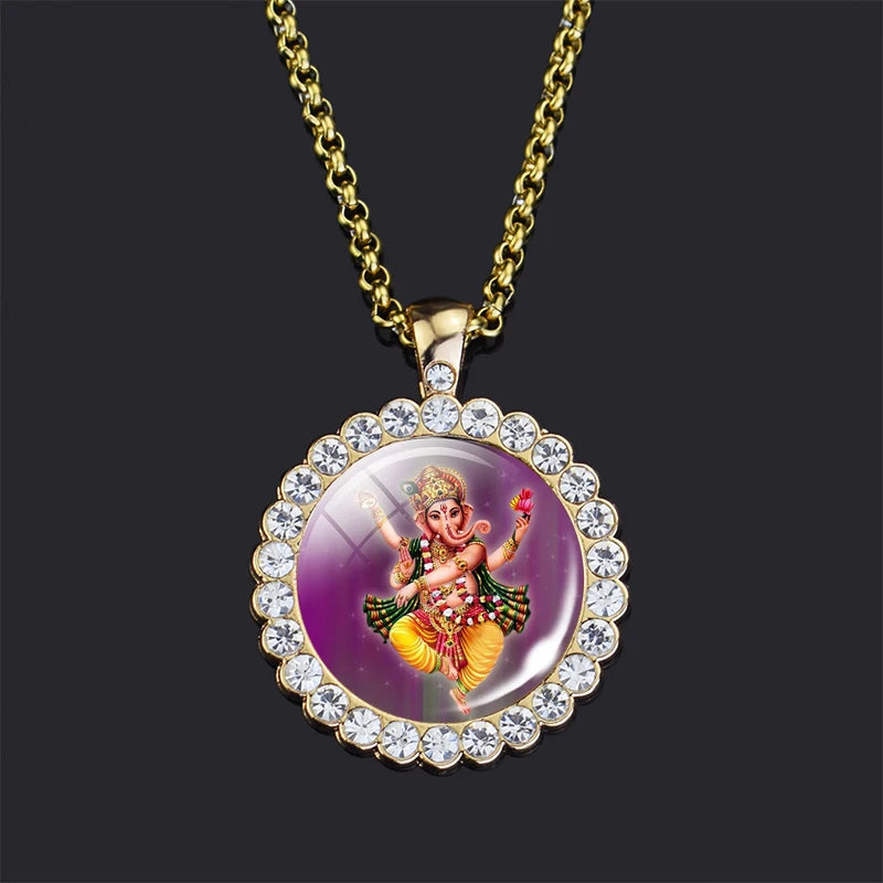 Shiva Parvati Necklace Hindu God Jewelry Vishnu Lakshmi Glass Rhinestone Pendant Chain Necklace Hinduism Jewelry
