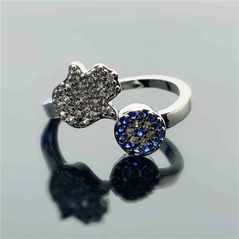Trendy 925 Sterling Silver Evil Eye Crystal Adjustable Rings For Women Party Fashion Jewelry Anniversary Gift Wholesale