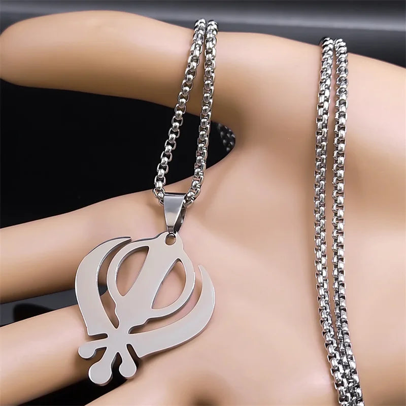 India Sikhism Symbol Necklace Pendant for Women/Men Stainless Steel Silver Color Sikh Khanda Necklaces Religious Jewelry N8090S0