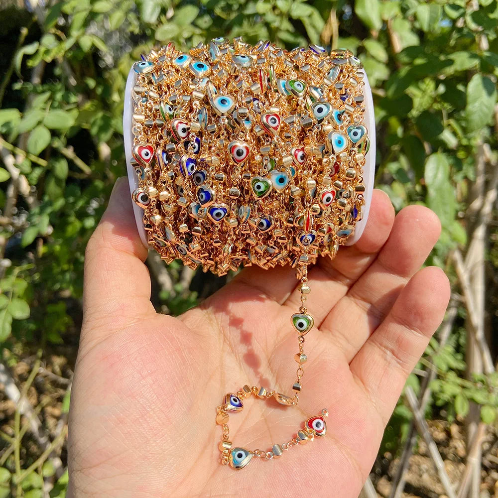 Colorful Evil Eye Beads Chains Stainless Steel Link Pearl Beaded Chains Turkey Eye Link Chain for Necklace Making Jewelry DIY