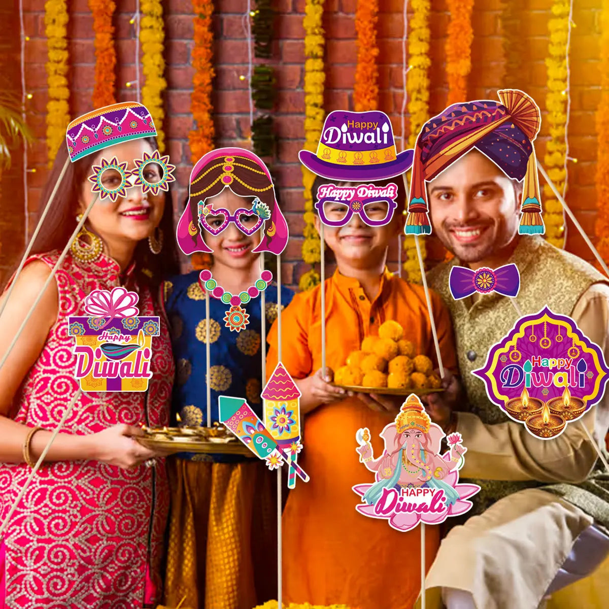 30Pcs/Set Happy Diwali Theme Photo Booth Props Candle Elephant Dress Up Paper Masks for India Diwali Festival Party Decoration