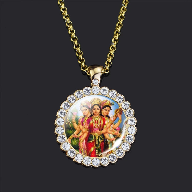 Shiva Parvati Necklace Hindu God Jewelry Vishnu Lakshmi Glass Rhinestone Pendant Chain Necklace Hinduism Jewelry