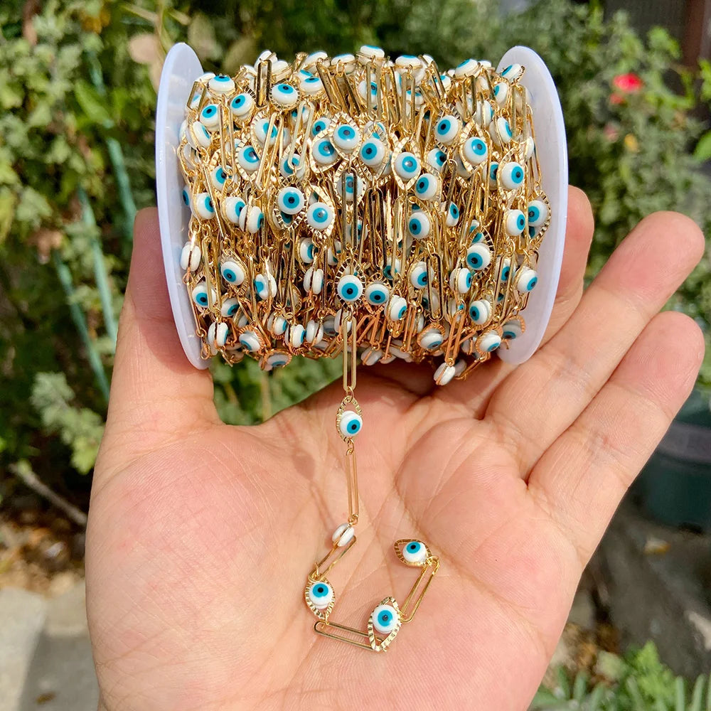 Colorful Evil Eye Beads Chains Stainless Steel Link Pearl Beaded Chains Turkey Eye Link Chain for Necklace Making Jewelry DIY