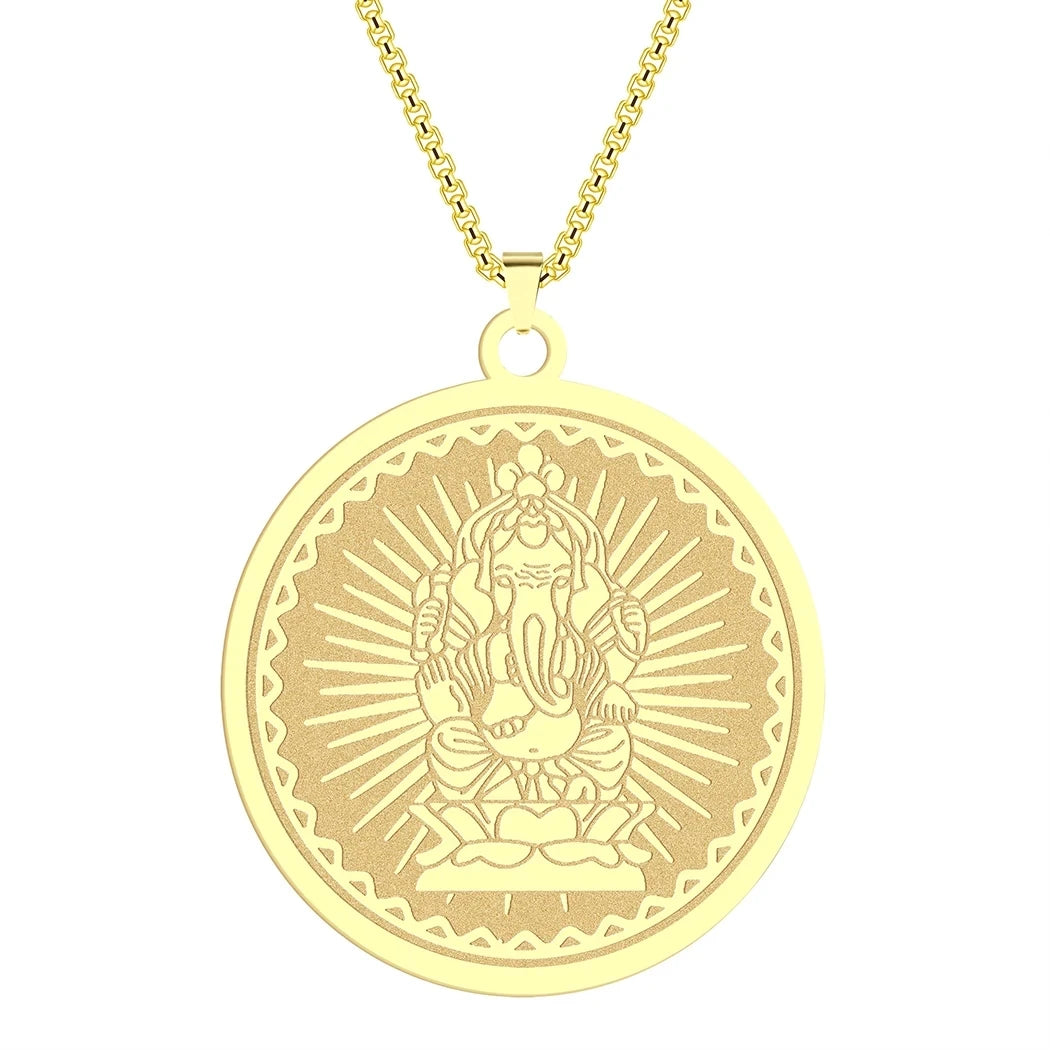 Chandler Stainless Steel Ganesha Coin Necklace For Man Lord Medallion Gold Plated Pendant Hindu Him