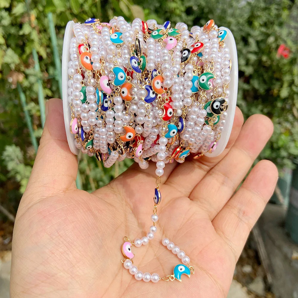 Colorful Evil Eye Beads Chains Stainless Steel Link Pearl Beaded Chains Turkey Eye Link Chain for Necklace Making Jewelry DIY