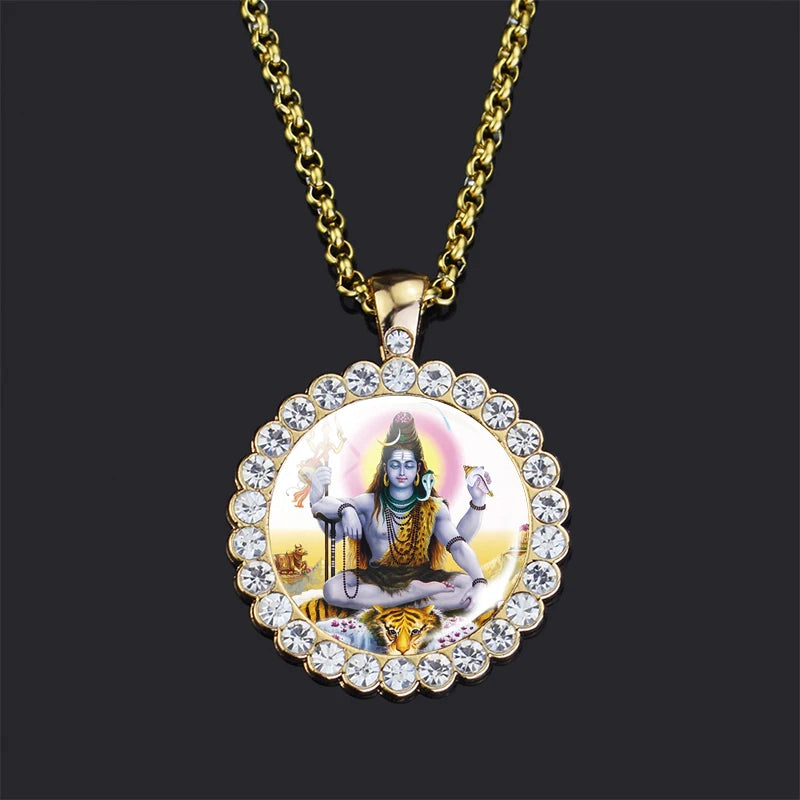 Shiva Parvati Necklace Hindu God Jewelry Vishnu Lakshmi Glass Rhinestone Pendant Chain Necklace Hinduism Jewelry