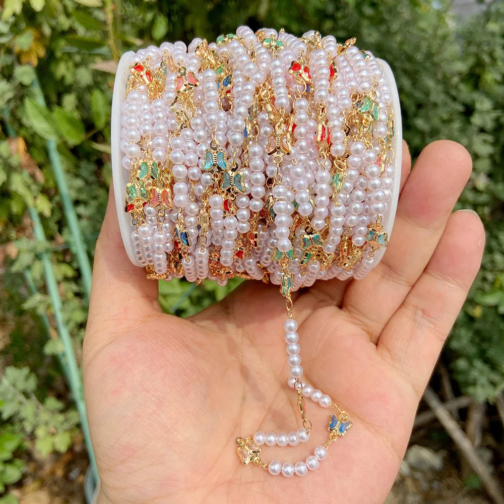 Colorful Evil Eye Beads Chains Stainless Steel Link Pearl Beaded Chains Turkey Eye Link Chain for Necklace Making Jewelry DIY