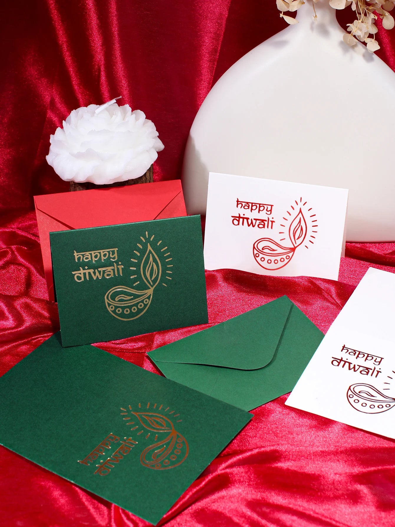 Diwali Greeting Cards and Envelopes Set, "Happy Diwali" with Diya Print, Assorted Colors (Green/Red/White), Festive Diwali Stati