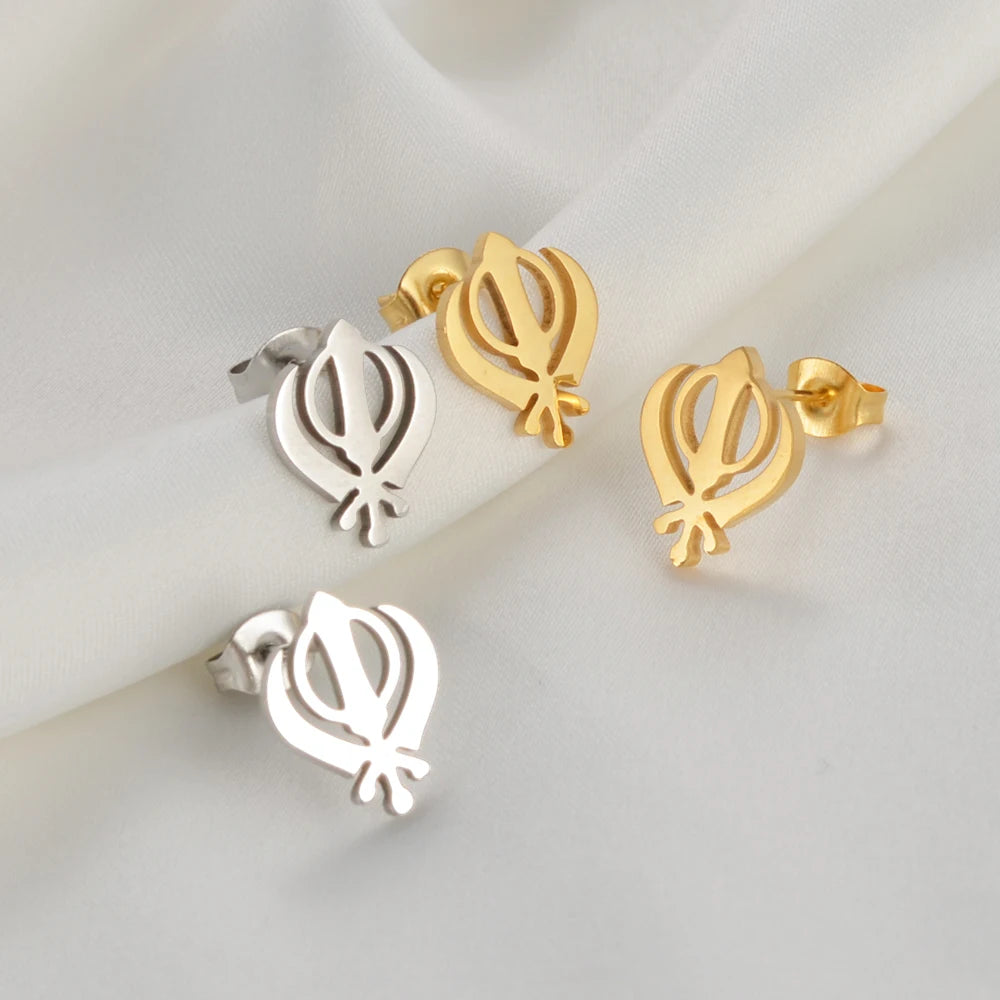 Anniyo Sikhism Stud Earrings Stainless Steel Sikh Khanda Jewelry India Pakistan Malaysia Punjab Religious @363521