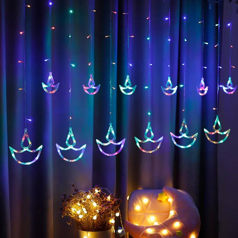 Diwali String Lights Usb Plug Diya Curtain Light Festival Lamp for Wall Window Bedroom Decor Indoor Outdoor Eid al-Fitr Muslims