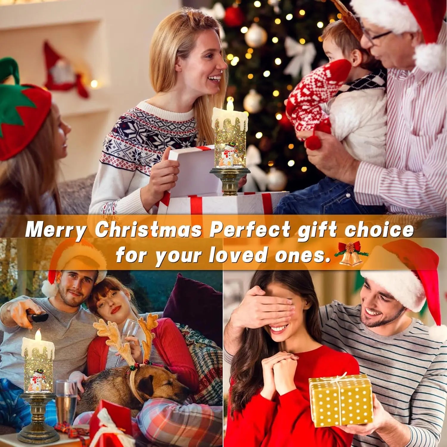 Christmas Decorations Water Filled Candles with Scene Crystal Lights Snowfall Effect Santa Claus Figurine Perfect Holiday Gift