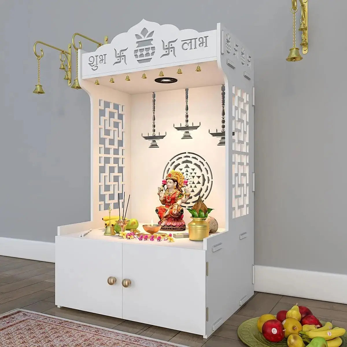 Trading World Wooden Temple Mandir Offers Spacious Built-in Shelf Focusing Lights for Families