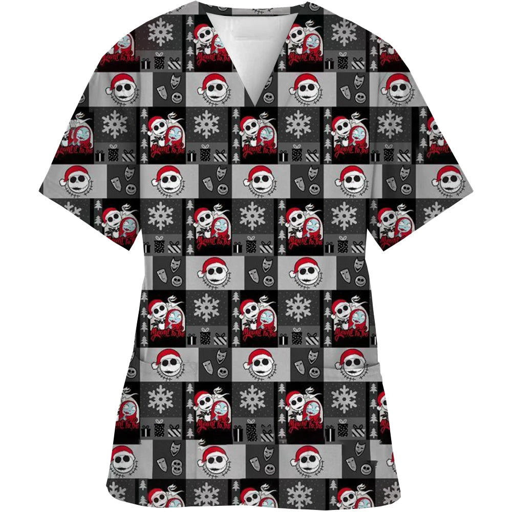 Christmas Nightmare V-neck Work Clothes Halloween Surgery plus size Nurse Medical Clothes Matte Top Women
