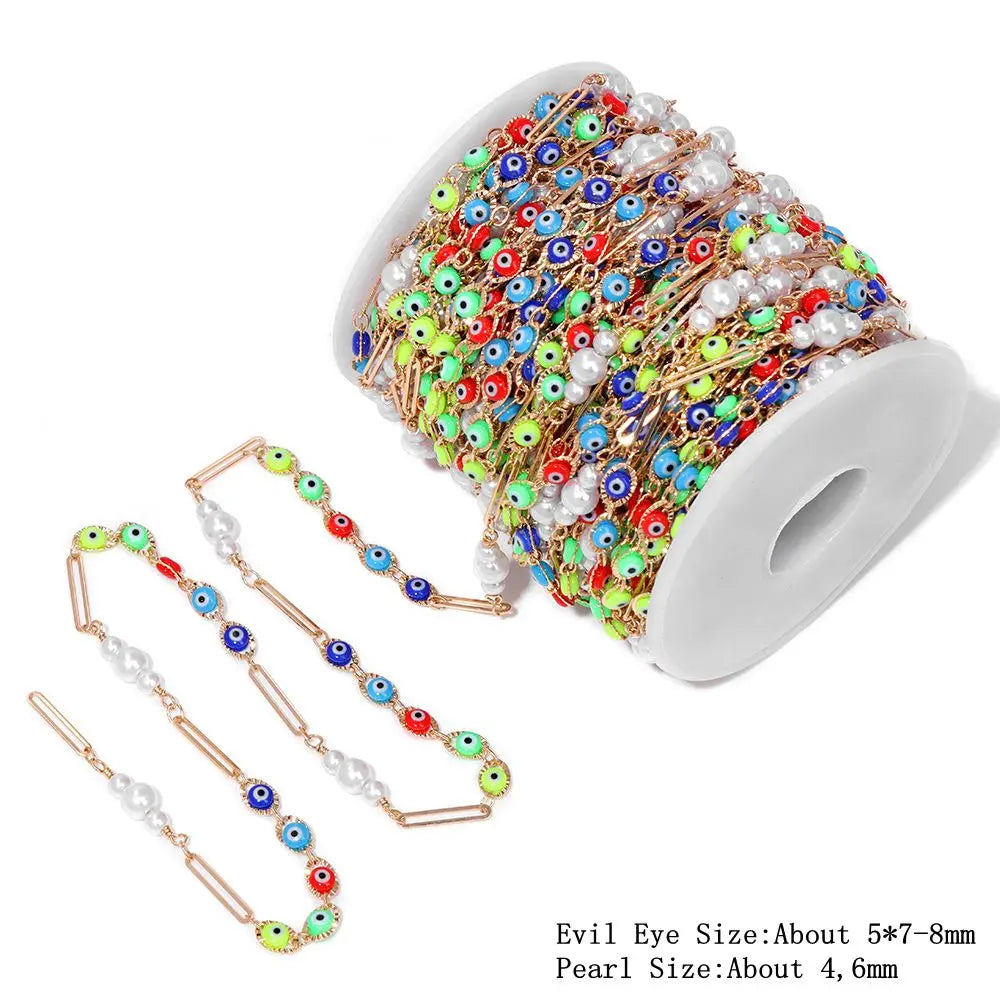 Colorful Evil Eye Beads Chains Stainless Steel Link Pearl Beaded Chains Turkey Eye Link Chain for Necklace Making Jewelry DIY