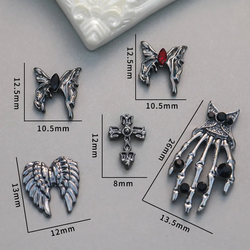 10PCS Black Iron Cross Skull Nail Charms Parts Butterfly Wing Accessories Halloween Nail Art Decoration Design Supplies Material
