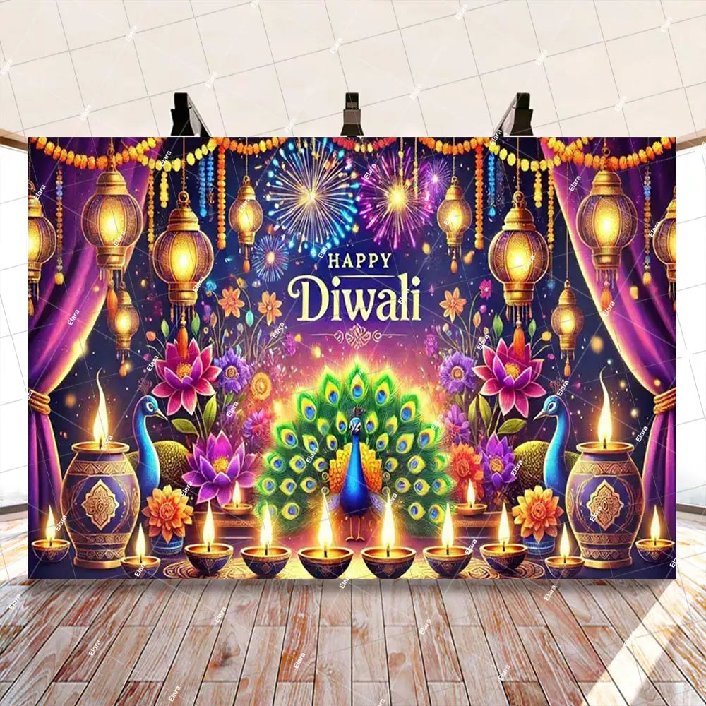 Diwali Decorations Indian Diwali Festival Deepavali Peacock Candle Wedding Birthday Party Supplies Backdrop Banner Photo Studio