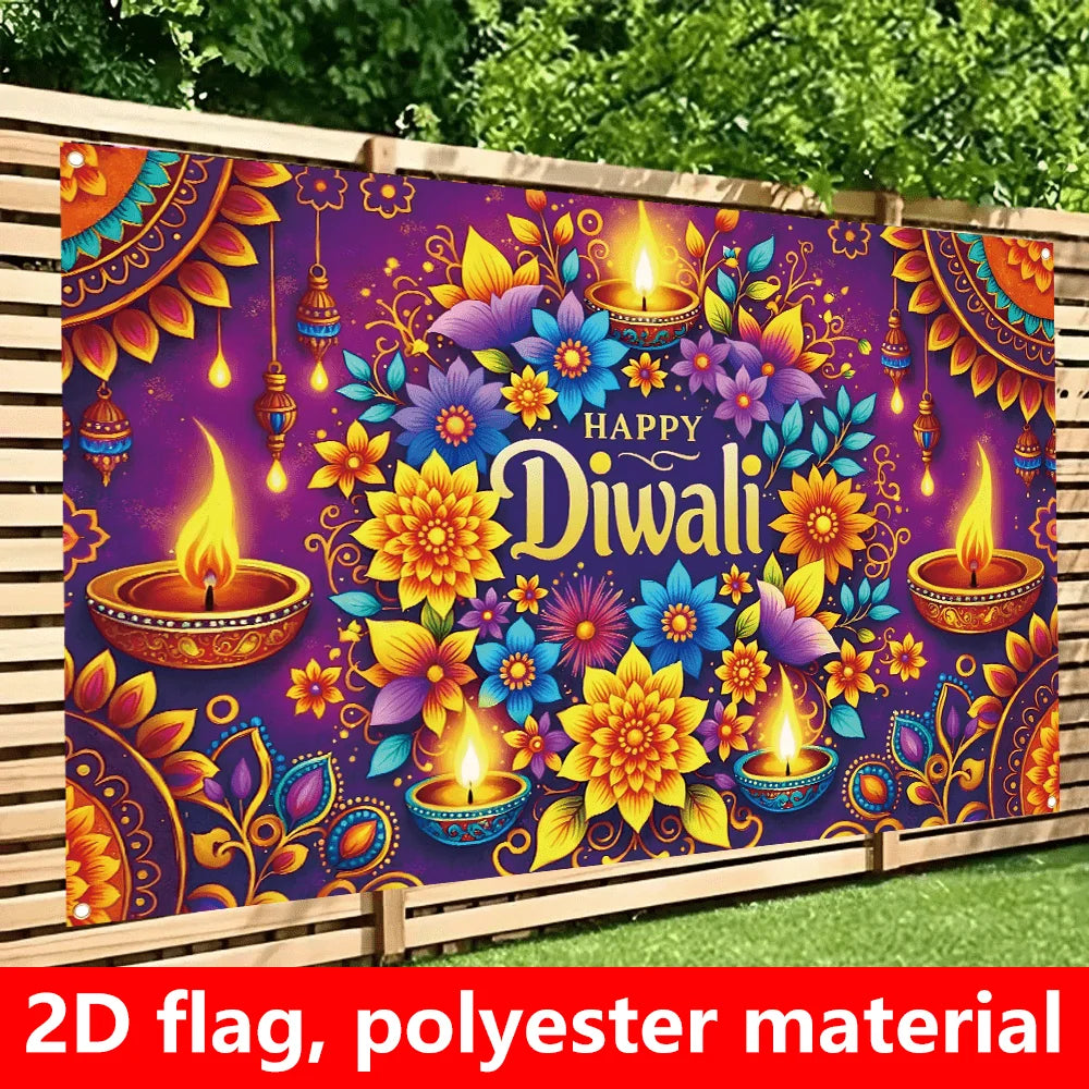 1 extra large Diwali decoration flag, dark purple background Indian festival party banner, floral pattern