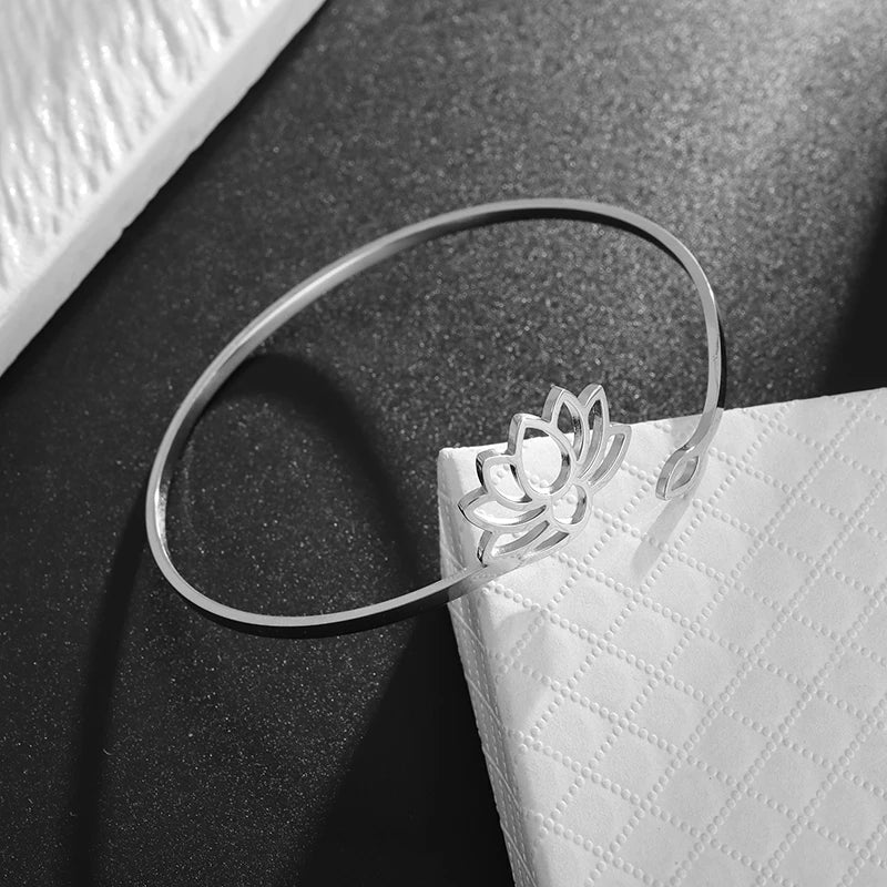 Stainless Steel Hindu Lotus Mandala Open Bracelet Women Fashion Cuff Bangle Casual Sports Yoga Jewelry