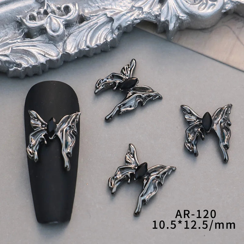 10PCS Black Iron Cross Skull Nail Charms Parts Butterfly Wing Accessories Halloween Nail Art Decoration Design Supplies Material