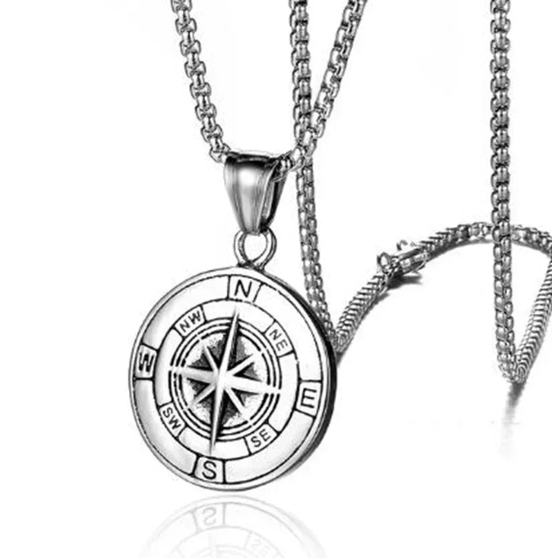 Gold Color Cross Compass Polaris Pendant Round Coin Necklace Men and Women Charm Hip Hop Rock Casual Party Jewelry Gift
