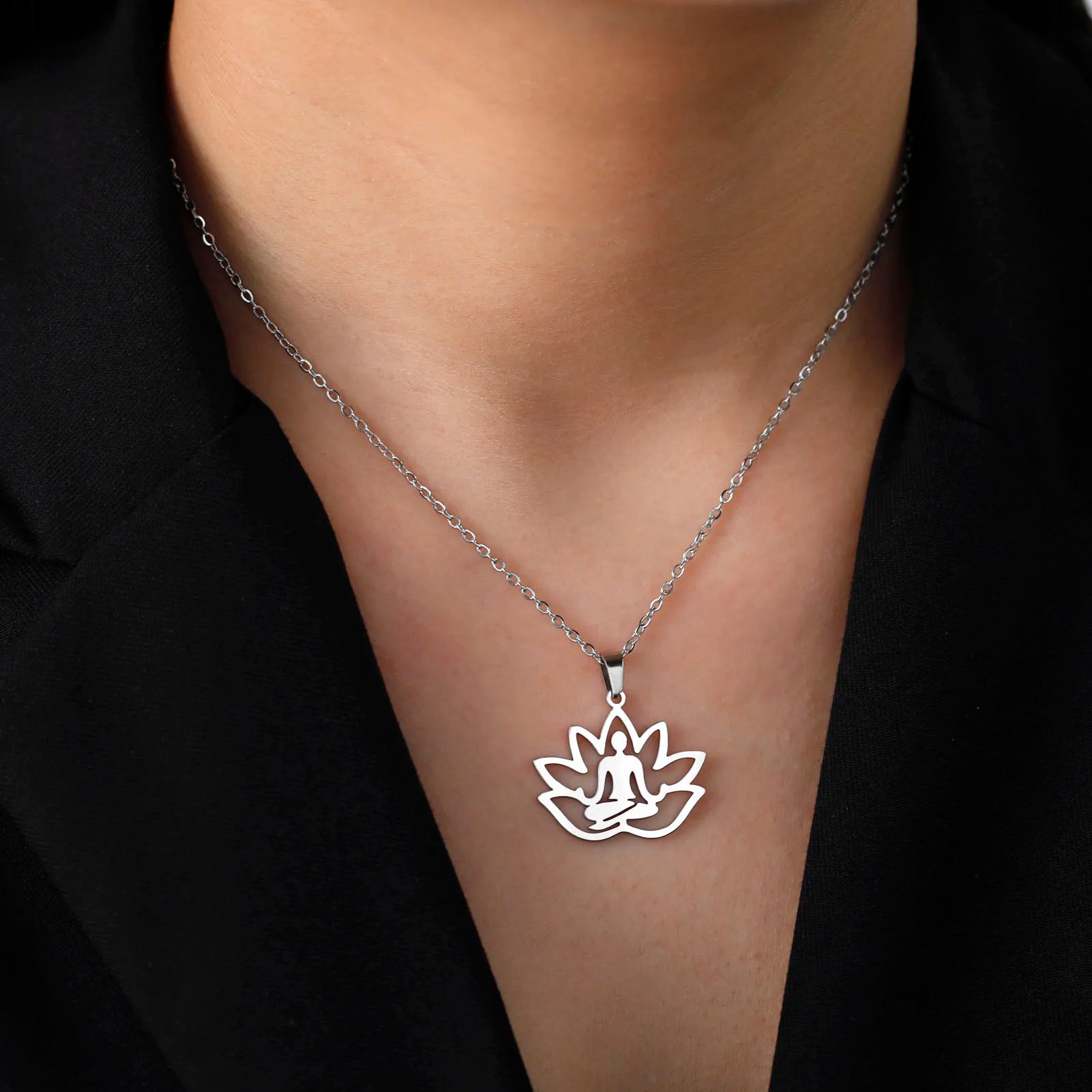 LIKGREAT Hindu Buddhism Meditation Necklace Stainless Steel Yoga Lotus Flower Necklaces Amulet Jewelry Gift