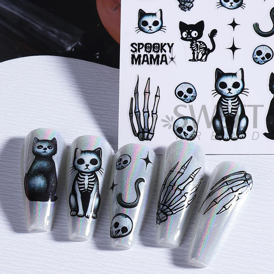 5pcs Halloween Nail Stickers Cartoon Cat Ghost Skull Hand Devil's Eye Snake Design Nail Decals Sliders DIY Manicure Decoration
