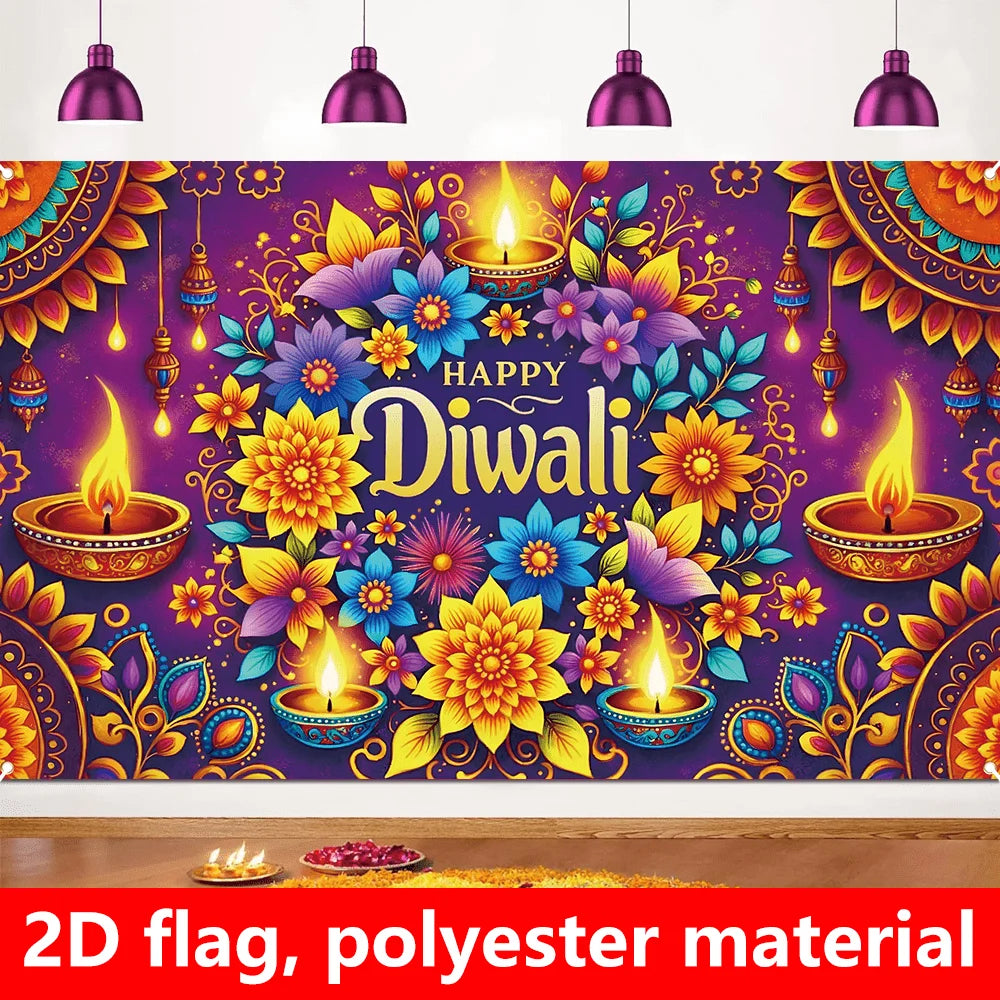 1 extra large Diwali decoration flag, dark purple background Indian festival party banner, floral pattern