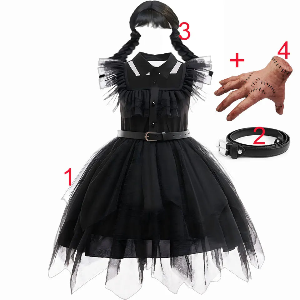 2025 Movie Weirdo Wensday Role Play Costume with Belt Wed. Season 2 Girl Prom Gown Soft Frock Gothic Black Adams Halloween Dress