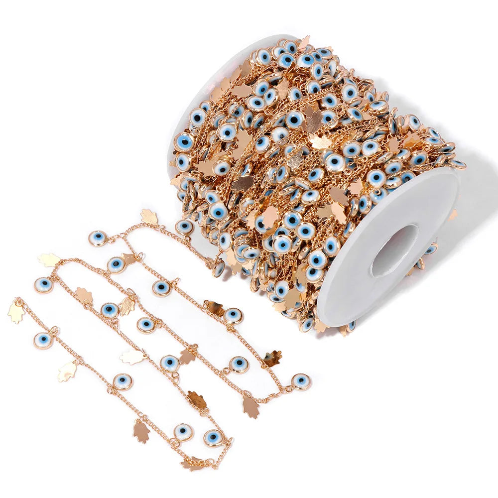 Colorful Evil Eye Beads Chains Stainless Steel Link Pearl Beaded Chains Turkey Eye Link Chain for Necklace Making Jewelry DIY