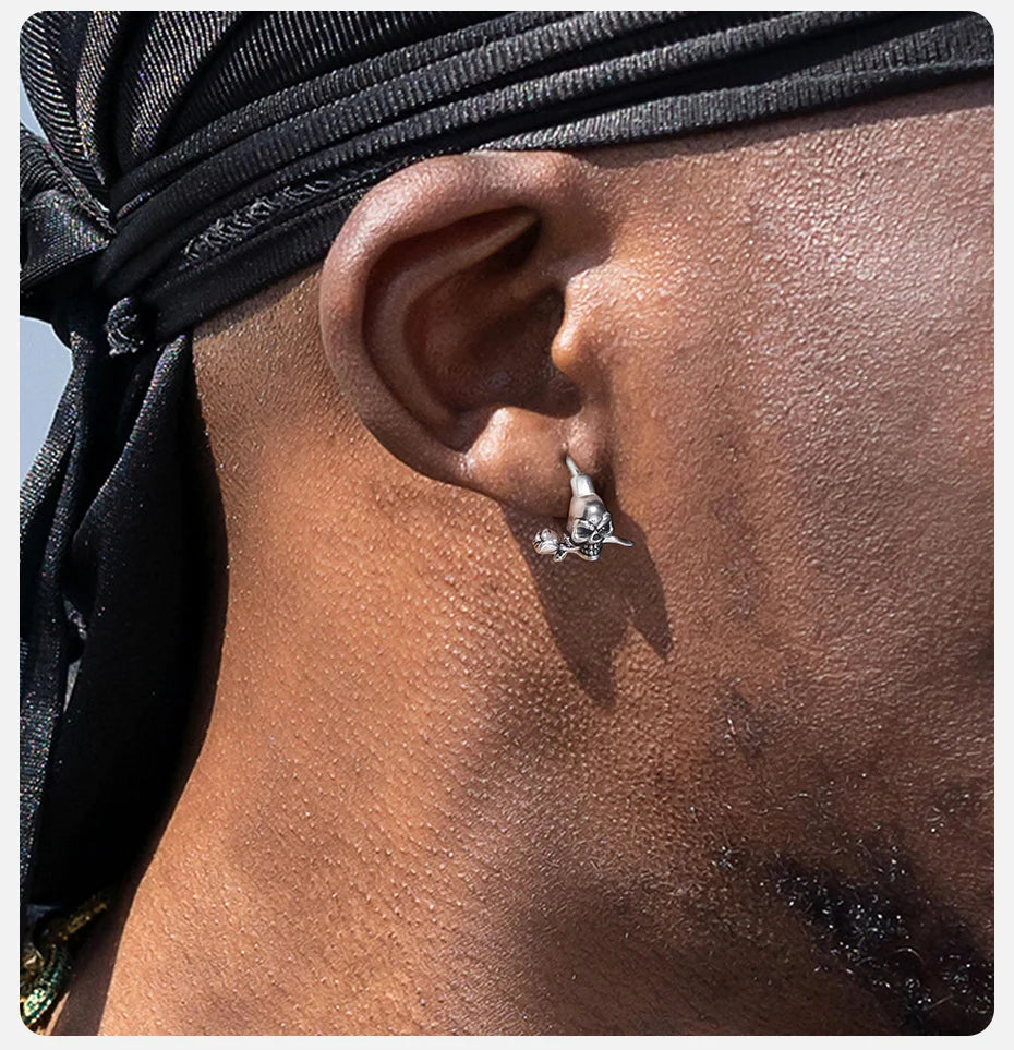 Vnox Gothic Skull Skeleton Huggie Hoop Earrings for Men Boys, Rock Punk Stainless Steel Cocktail Party Halloween Gift Jewelry