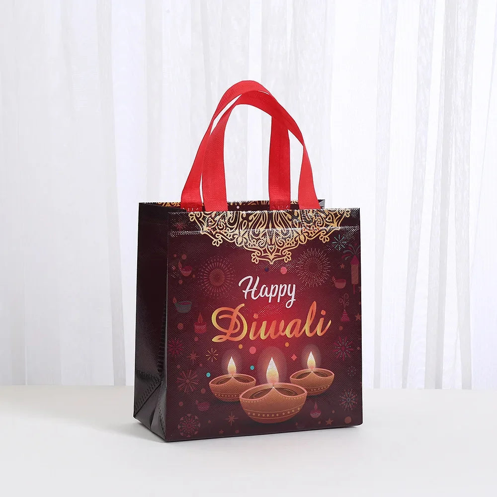 8Pcs Happy Diwali Theme Gift Packing Bag Non-Woven Shopping Tote Bag for India Diwali Festival Party Favors Bag Decoration