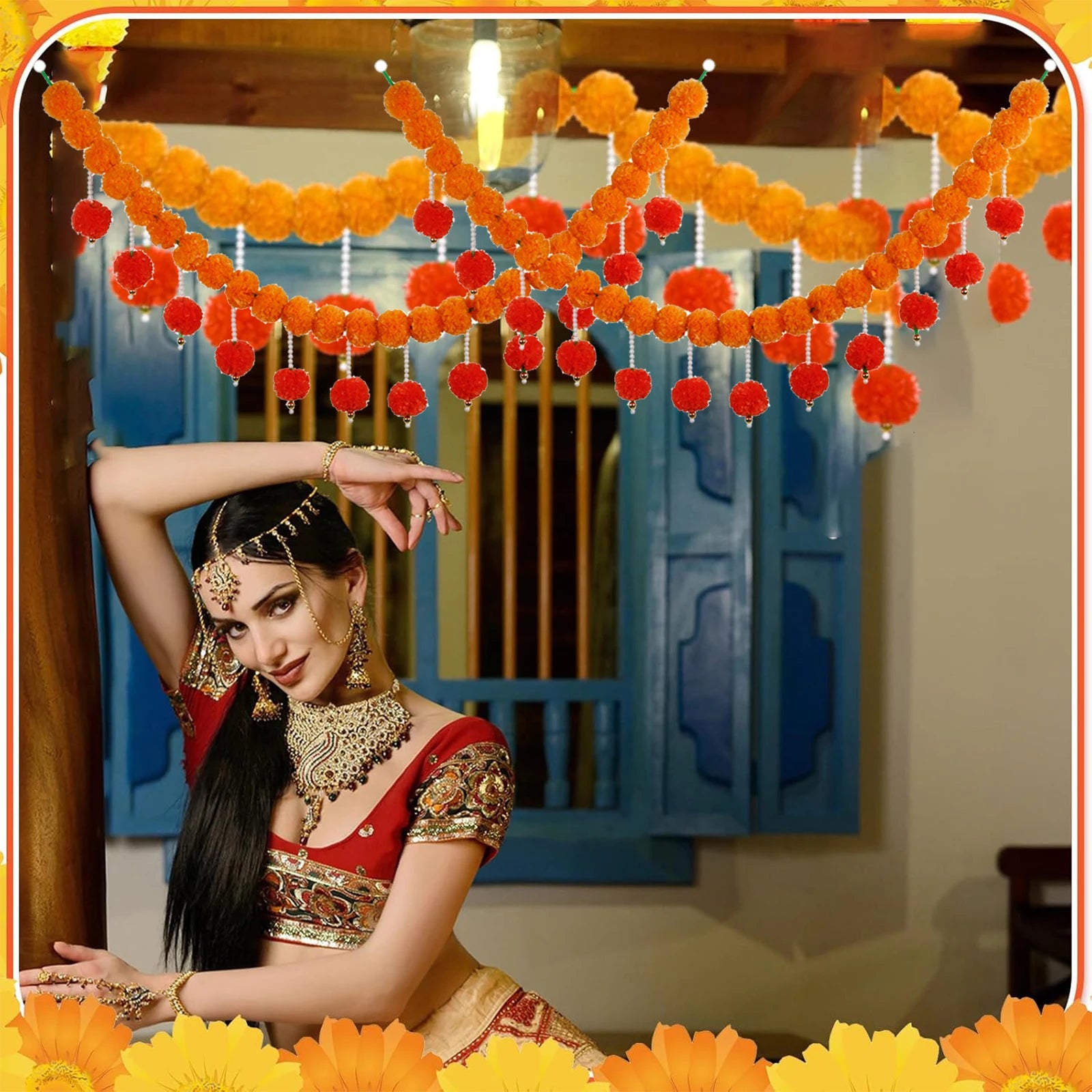 2-10pcs Marigold Flower Garland For Decoration Artificial Flower Garland Pooja, Diwali,Mexican Party ,Day of The Dead Decor