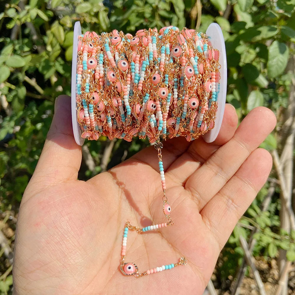 Colorful Evil Eye Beads Chains Stainless Steel Link Pearl Beaded Chains Turkey Eye Link Chain for Necklace Making Jewelry DIY